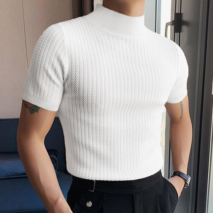 Men's Slim Fit Half Turtleneck Knitted Short Sleeve Tee | Solid Color | Lightweight Layering Top | Comfortable and Stylish | Semi-Formal and Casual Wear | Fall and Winter Fashion