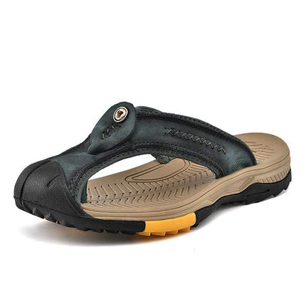 Men's Protective Toe Slip-On Flip-Flops | Vintage Leather Upper | Anti-Collision Toe Cap | Durable Rubber Outsole | Non-Slip Sole | Beach Vacation Essentials