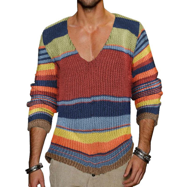 Men's Rainbow Stripe V-Neck Knit Sweater | Vintage Style | Soft Knitted Fabric | Relaxed Fit | Casual Outerwear | Autumn Winter Spring | Machine Washable | Classic Fit | Stylish and Warm