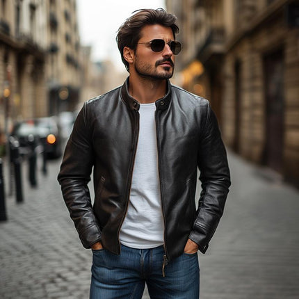 Men's Leather Jacket | Stand Collar | Slim Fit | Zipper Closure | Genuine Leather | Secure Pockets | Casual to Semi-Formal Wear | Comfortable Lining | Versatile Layering | Elevate Your Style