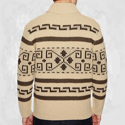 Men's Knitted Cardigan Jacket | Geometric Print Lapel | Zipper Closure | Loose Fit | Long Sleeve | Cozy Sweater for Spring Autumn Winter