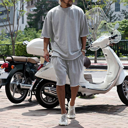 Men's Loose Fit Cotton Blend T-shirt and Shorts Set | Casual Fashion Activewear | Round Neck | Short Sleeve | Mid Waist | Spring Summer Autumn