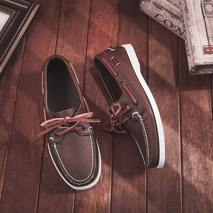Men's Leather Moc-Toe Boat Shoes | 360° Lacing System | Rustproof Eyelets | Contrast Stitching | Flexible Outsole | Casual Cool Style | Timeless Appeal