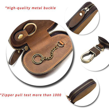 Vintage Cowhide Leather Key Bag | Premium Soft Texture | Durable with Solid Zipper | Luxurious Retro Finish | Slim Holder for Multiple Keys | Stylish Keyholder for Travel & Everyday Use