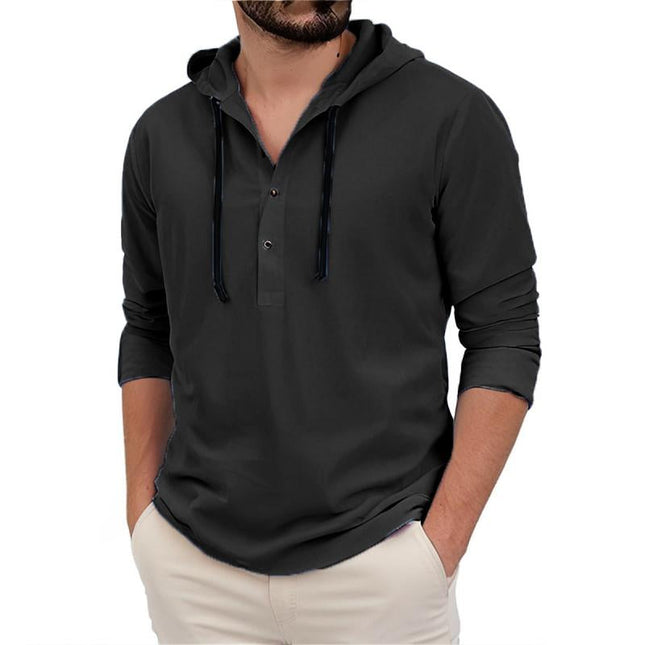 Men's Solid Button Hooded Shirt | Long Sleeve | Casual Fit | Soft Cotton Blend | Hooded Neckline | Versatile Layering | Lightweight Comfort | Machine Washable | Ideal Spring & Fall Top