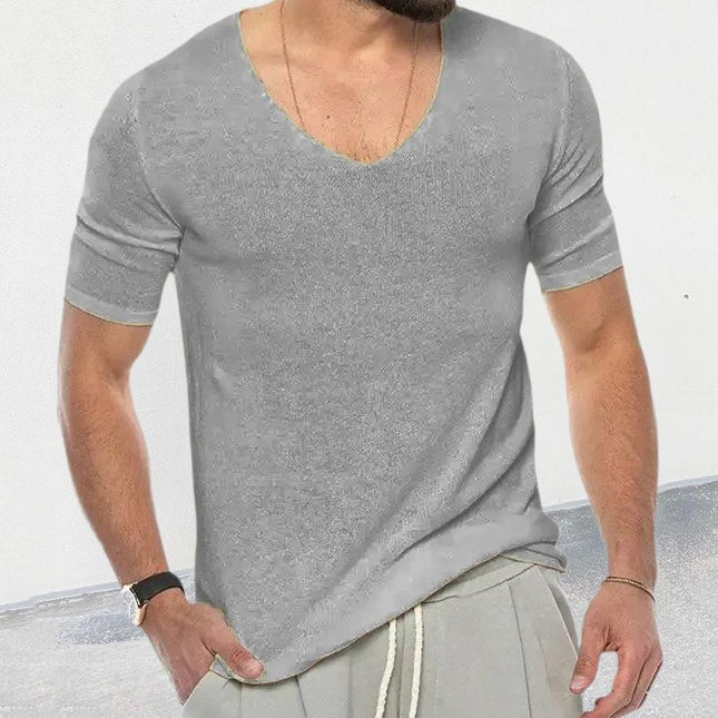 Men's V-Neck Short Sleeve Knit Sweater | Casual Solid Color | Cotton Blend | Spring Summer | Micro Elastic | Plain Pattern | Daily Beach Vacation Wear