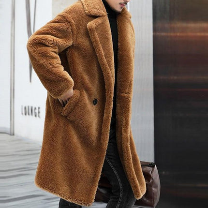 Men's Teddy Plush Lapel Long Coat | Warm Solid Color Outerwear | Luxurious Softness | Winter Insulation | Timeless Design | Statement-Making Elegance | Versatile Comfortable Style for Cold Weather