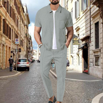 Men's Casual Two-Piece Outfit | Waffle Knit Set | Short Sleeve Shirt & Pants | Solid Color | Elastic Waist | Breathable Fabric | Side Pockets | Comfortable Loungewear | Ideal for Travel & Everyday Wear