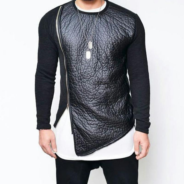 Men's Leather Detailed Zip-up Round Neck Long Sleeve T-shirt | Casual Stylish Modern Design | Comfortable Soft Cotton Blend | Versatile Tailored Fit | Perfect for Layering