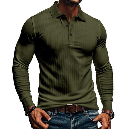 Men's Long Sleeve Polo Shirt | Casual Elastic Fit | Stretchy Fabric | Full-Length Sleeves | Classic Polo Collar | Button Placket | Available in Navy, Black, Gray, White, Burgundy | Comfortable & Versatile