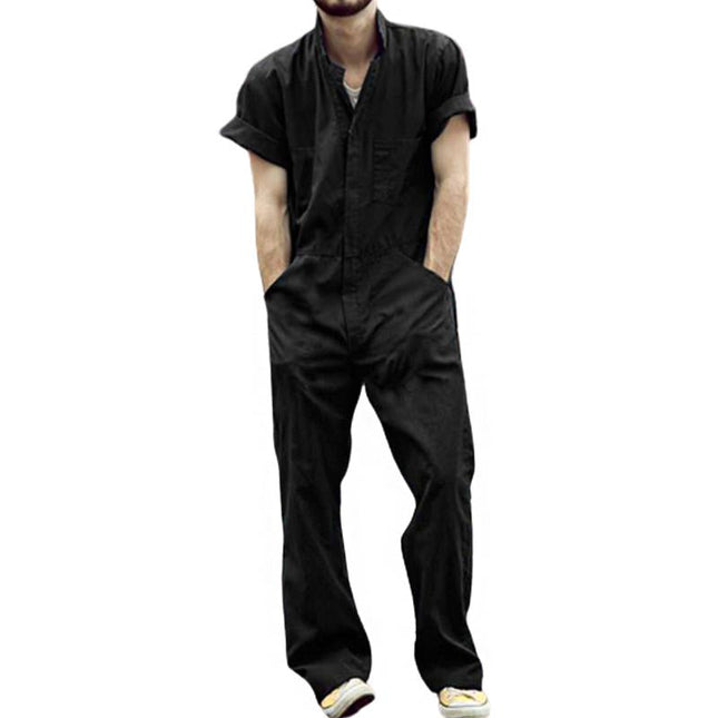 Men's Cargo Jumpsuit | Multi-Pocket Design | Casual Overall | Short Sleeve Lapel | Polyester Fabric | Plain Pattern | Four Seasons Wear | Outdoor & Travel Ready | Versatile Occasion Suitability