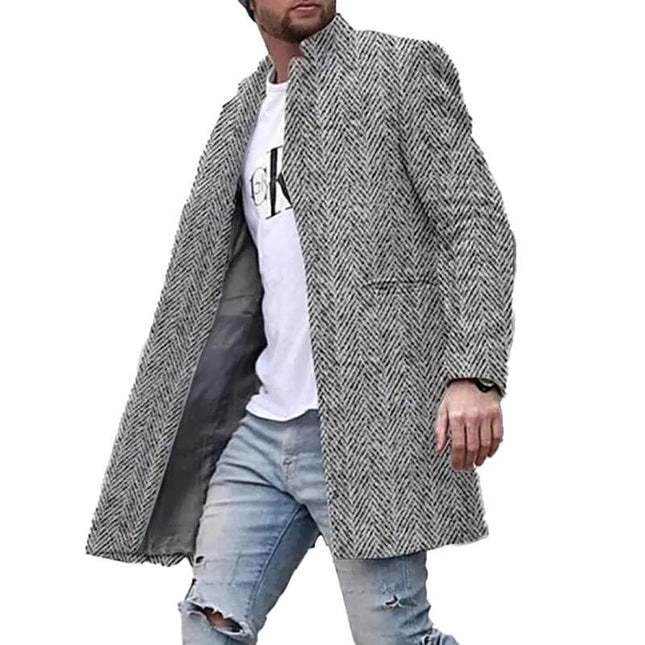 Men's Vintage Herringbone Coat | Stand Collar Mid-Length | Wool-Blend | Charcoal Gray Navy Olive | Full-Length Sleeves | Classic Button-Down | Warm Lining | Sizes S-3XL | Stylish Outerwear