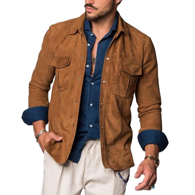 Men's Vintage Suede Overshirt | Double Breast | Chest Flap Pockets | Lapel Collar | High-Quality Material | Textured Appearance | Buttons Closure | Rugged Timeless Look | Outerwear | Coats & Jackets