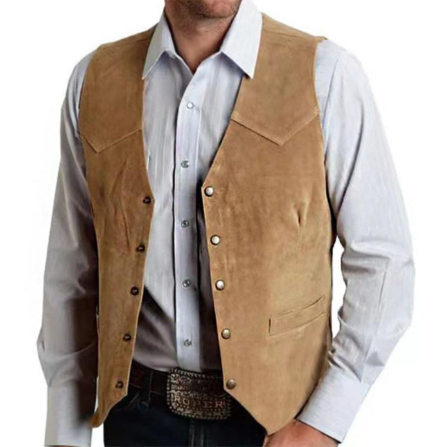 Men's Vintage Suit Vest | Casual Solid Color | Classic V-Neck | Antiqued Brass Snaps | Polyester & Viscose Blend | Two Hand Pockets | Year-Round Wear | Formal & Casual Occasions | Versatile Outerwear
