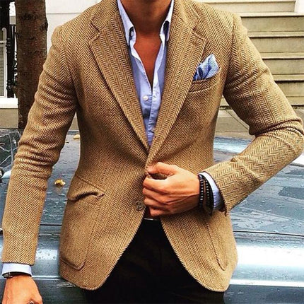 Men's Herringbone Wool Blend Blazer | Single Breasted | Vintage Style | Tailored Fit | Lapel Collar | Formal & Casual Versatility | Warm & Comfortable Outerwear | Easy Care | Various Sizes Available