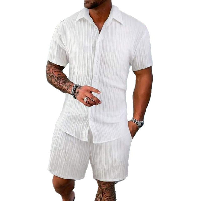 Men's Casual Set | Solid Color Striped Lapel Shirt | Short Sleeve | Tailored Shorts | Premium Fabric | Versatile Outfit | Stylish Designs | Comfortable Fit
