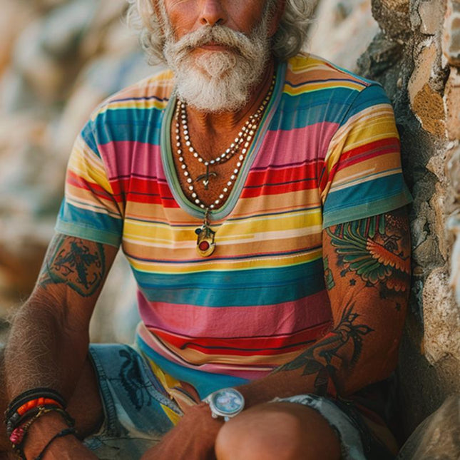 Men's T-Shirt | Vintage Rainbow Stripe Print | Crew Neck | Short Sleeve | 100% Cotton | Soft & Breathable | Casual Fit | Everyday Essential | Machine Washable