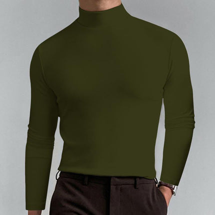 Men's Long Sleeve T-Shirt | High Neck | Solid Color | Fitted Cut | Casual Wear | Breathable Fabric | Versatile Styling | Suitable for Fall Winter | Modern Silhouette | Comfortable Everyday Top