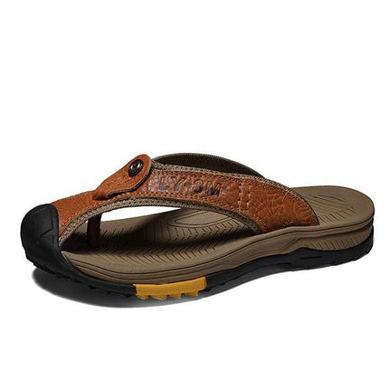 Men's Non-Slip Beach Slippers | Wear-Resistant Sandals | Anti-Collision Toe Cap | Durable Leather Upper | Rugged Rubber Outsole | Great Traction & Durability