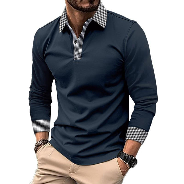 Men's Modern Fit Plaid Patchwork Polo Shirt | Long-Sleeve | Stylish Casual Wear