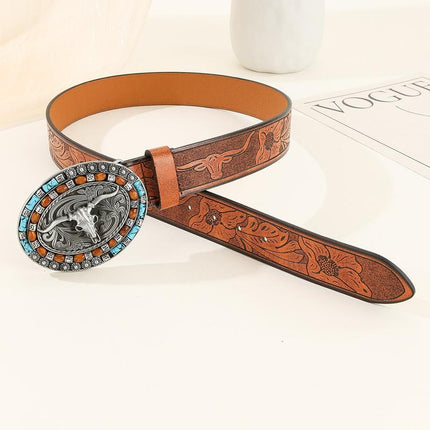 Men's Vintage Western Leather Belt | Embossed Cowhide | Classic Adjustable Buckle | Durable Construction | Rugged Charm | Casual & Formal Style | Timeless Design
