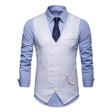 Men's V-Neck Dress Vest | Soft Woven Fabric | Sleeveless | Five-Button Closure | Chest & Waist Welt Pockets | Adjustable Buckle Back | Fully Lined | Machine Washable