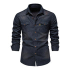Men's Vintage Denim Shirt | Classic Button-Down Style | Premium Denim Fabric | Distressed Wash | Chest Pockets | Cuffed Sleeves | Comfortable Slim Fit | Versatile Casual and Smart-Casual Wear | Colors: Navy, Black