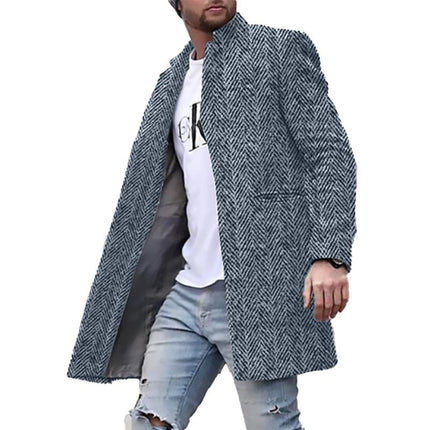 Men's Vintage Herringbone Coat | Stand Collar Mid-Length | Wool-Blend | Charcoal Gray Navy Olive | Full-Length Sleeves | Classic Button-Down | Warm Lining | Sizes S-3XL | Stylish Outerwear