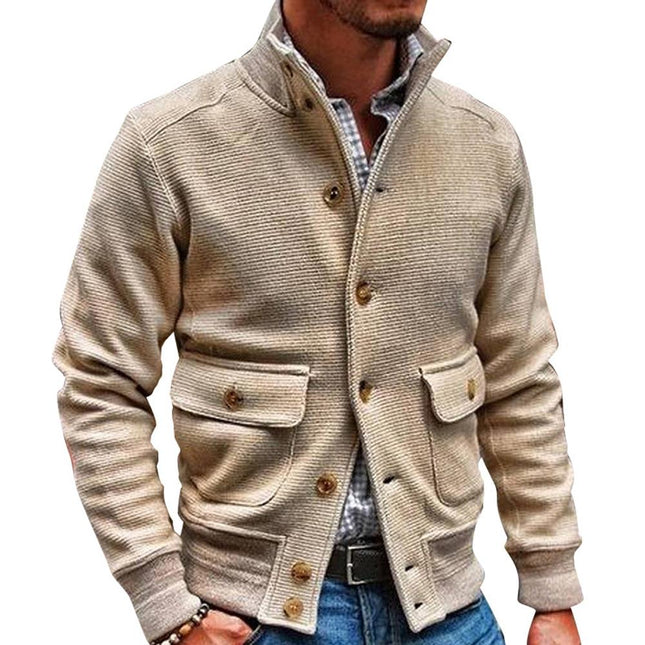 Men's Stand Collar Polyester Jacket | Solid Color | Single-breasted | Two Flap Waist Pockets | Machine Washable | Autumn Winter Spring | Street Beat Casual Biker Style