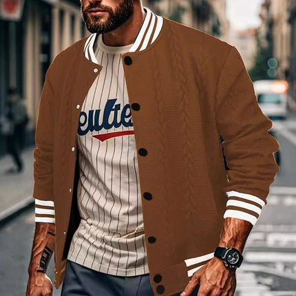 Men's Baseball Jacket | Casual Single Breasted Cardigan Style | Ribbed Stand-Up Collar | Long Sleeves with Ribbed Cuffs | Cotton-Polyester Blend | Lightweight & Warm | Side Pockets | Ideal for Autumn & Spring