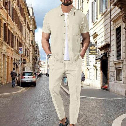 Men's Casual Two-Piece Outfit | Waffle Knit Set | Short Sleeve Shirt & Pants | Solid Color | Elastic Waist | Breathable Fabric | Side Pockets | Comfortable Loungewear | Ideal for Travel & Everyday Wear