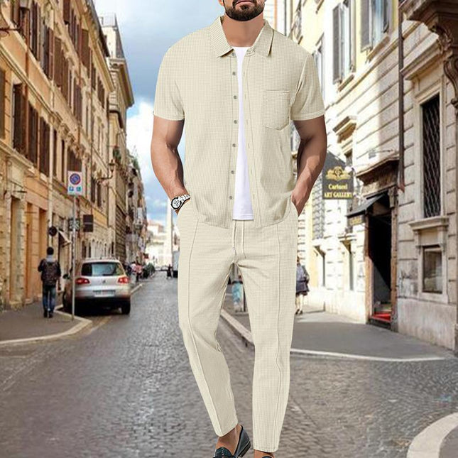 Men's Casual Two-Piece Outfit | Waffle Knit Set | Short Sleeve Shirt & Pants | Solid Color | Elastic Waist | Breathable Fabric | Side Pockets | Comfortable Loungewear | Ideal for Travel & Everyday Wear