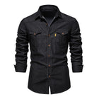 Men's Vintage Denim Shirt | Classic Button-Down Style | Premium Denim Fabric | Distressed Wash | Chest Pockets | Cuffed Sleeves | Comfortable Slim Fit | Versatile Casual and Smart-Casual Wear | Colors: Navy, Black