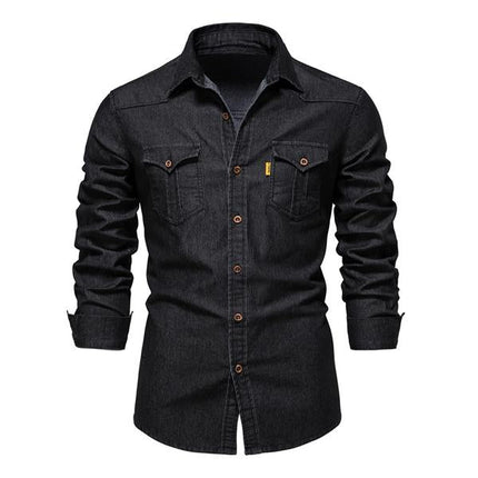 Men's Vintage Denim Shirt | Classic Button-Down Style | Premium Denim Fabric | Distressed Wash | Chest Pockets | Cuffed Sleeves | Comfortable Slim Fit | Versatile Casual and Smart-Casual Wear | Colors: Navy, Black