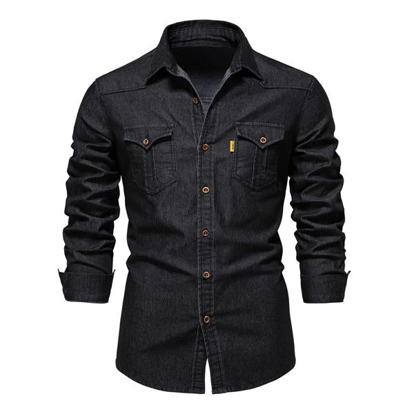 Men's Vintage Denim Shirt | Classic Button-Down Style | Premium Denim Fabric | Distressed Wash | Chest Pockets | Cuffed Sleeves | Comfortable Slim Fit | Versatile Casual and Smart-Casual Wear | Colors: Navy, Black