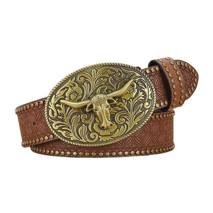 Men's Leather Belt | Western Cowboy Style | Vintage Rivet Embossed | Rugged Design | Genuine Leather | Adjustable Metal Buckle | Classic Brown & Tan Options | Durable Fashion Accessory for Casual Attire