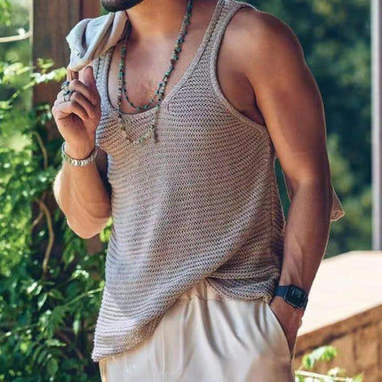 Men's Casual Knitted Tank Top | Solid Color | Sleeveless | Round Neck | Breathable Polyester | Comfortable Loose Fit | Daily Wear | Travel | Beach | Spring Summer