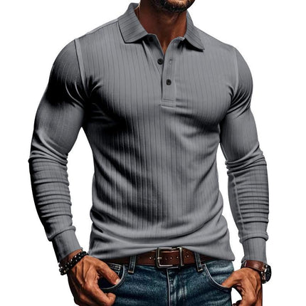 Men's Long Sleeve Polo Shirt | Casual Elastic Fit | Stretchy Fabric | Full-Length Sleeves | Classic Polo Collar | Button Placket | Available in Navy, Black, Gray, White, Burgundy | Comfortable & Versatile