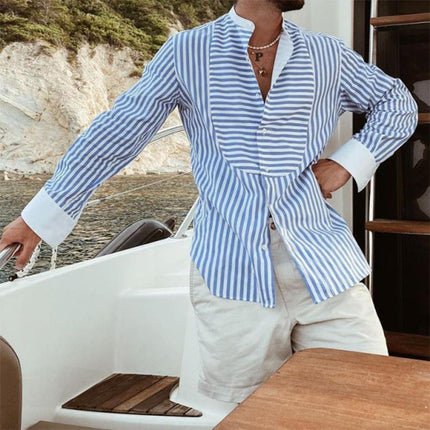 Men's Casual Long Sleeve Striped Shirt | Slim Fit Cotton Linen Blend | Irregular Stitching | Lapel Collar | Lightweight Machine Washable