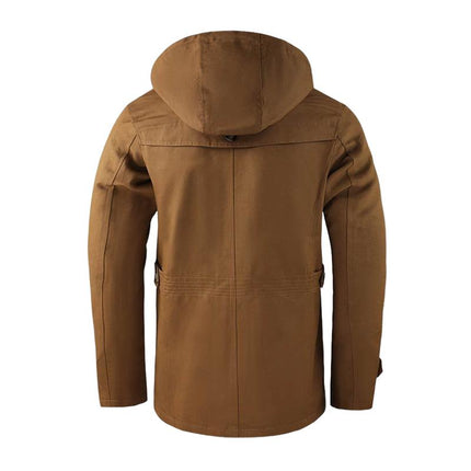 Men's Washed Cotton Hooded Coat | Warm Stand Collar | Mid-Length | Insulated Lining | Weather-Resistant | Rugged Casual Design | Multiple Pockets | Relaxed Fit | Adjustable Hood and Cuffs | Outdoor Ready | Machine Washable