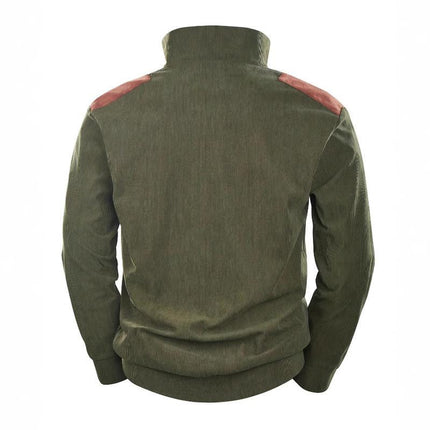 Men's Sweatshirt | Vintage Patchwork Design | Stand Collar | Long Sleeve | Soft Cotton Blend | Earthy Tones | Casual & Semi-Formal | Relaxed Fit | Retro Style | Unique Detailing | Versatile Layering