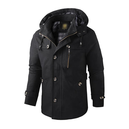 Men's Washed Cotton Hooded Coat | Warm Stand Collar | Mid-Length | Insulated Lining | Weather-Resistant | Rugged Casual Design | Multiple Pockets | Relaxed Fit | Adjustable Hood and Cuffs | Outdoor Ready | Machine Washable