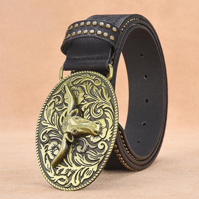 Men's Leather Belt | Western Cowboy Style | Vintage Rivet Embossed | Rugged Design | Genuine Leather | Adjustable Metal Buckle | Classic Brown & Tan Options | Durable Fashion Accessory for Casual Attire