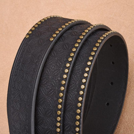 Men's Leather Belt | Western Cowboy Style | Vintage Rivet Embossed | Rugged Design | Genuine Leather | Adjustable Metal Buckle | Classic Brown & Tan Options | Durable Fashion Accessory for Casual Attire