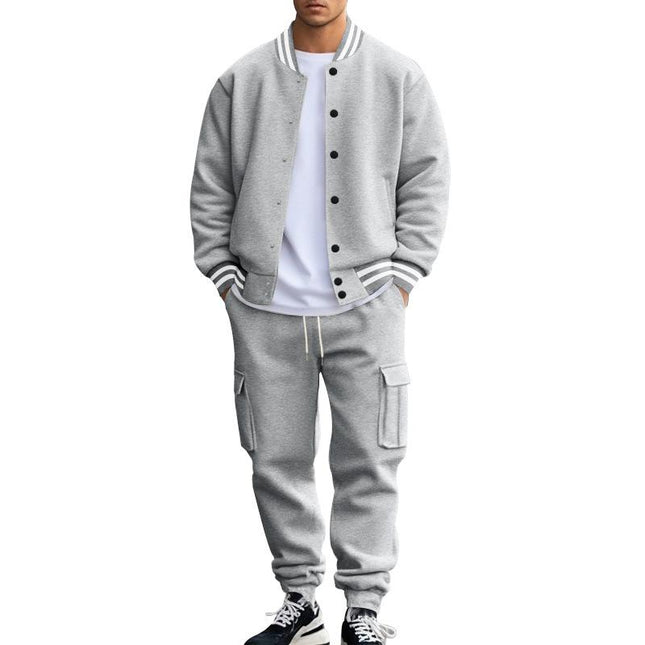Men's Baseball Jacket Set | Stand Collar Jacket with Ribbed Detailing | Slim-Fit Trousers | Soft Breathable Fabric | Full Zip-Up | Casual Sportswear | Elastic Waist with Drawstring | Side & Back Pockets