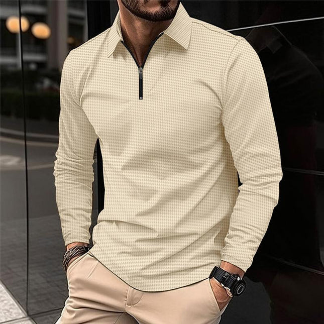 Men's Long Sleeve Waffle Knit Polo Shirt | Zipper Closure | Casual Wear | Stylish Textured Fabric | Transitional Weather Essential | Versatile Men's Top