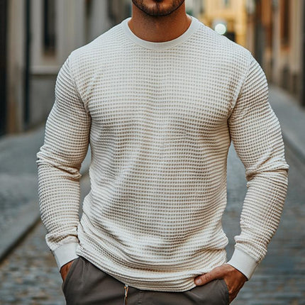 Men's Retro Casual Waffle Texture Long Sleeve Round Neck T-Shirt | Comfortable Cotton Blend | Solid Color | Versatile Wardrobe Essential | Sizes S-3XL | Stylish Layering Option