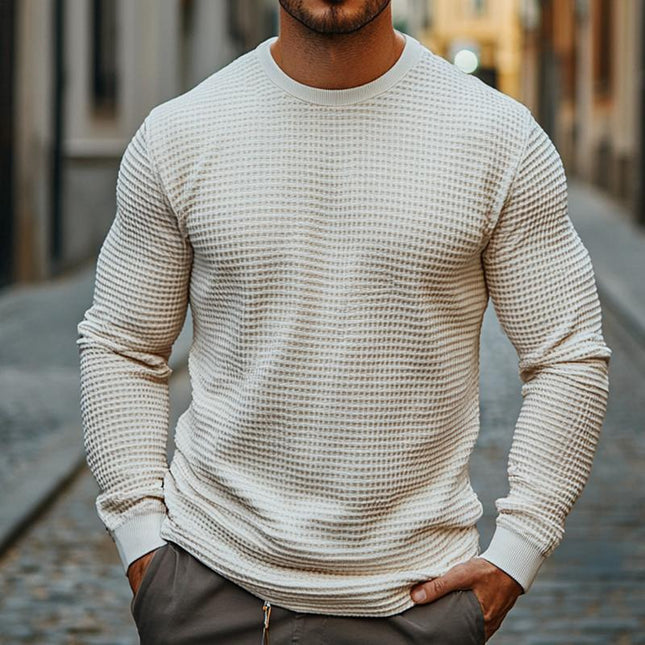 Men's Retro Casual Waffle Texture Long Sleeve Round Neck T-Shirt | Comfortable Cotton Blend | Solid Color | Versatile Wardrobe Essential | Sizes S-3XL | Stylish Layering Option