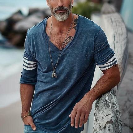 Men's V-Neck Striped Patchwork T-Shirt | Loose Fit Long Sleeve Cotton Shirt | Casual Modern Style | Breathable Premium Fabric | Comfortable All-Day Wear | Trendy Design for Everyday Outfit