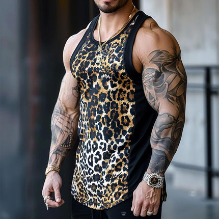 Men's Leopard Print Tank Top | Round Neck | Patchwork Details | Soft Breathable Fabric | Regular Fit | Casual Sleeveless Top | Versatile Styling | Comfortable Summer Wear